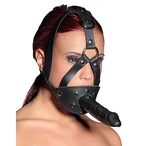 Leather Head Harness with Dildo Negru pe Vibreaza.ro