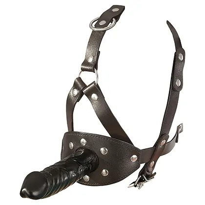 Leather Head Harness with Dildo Negru